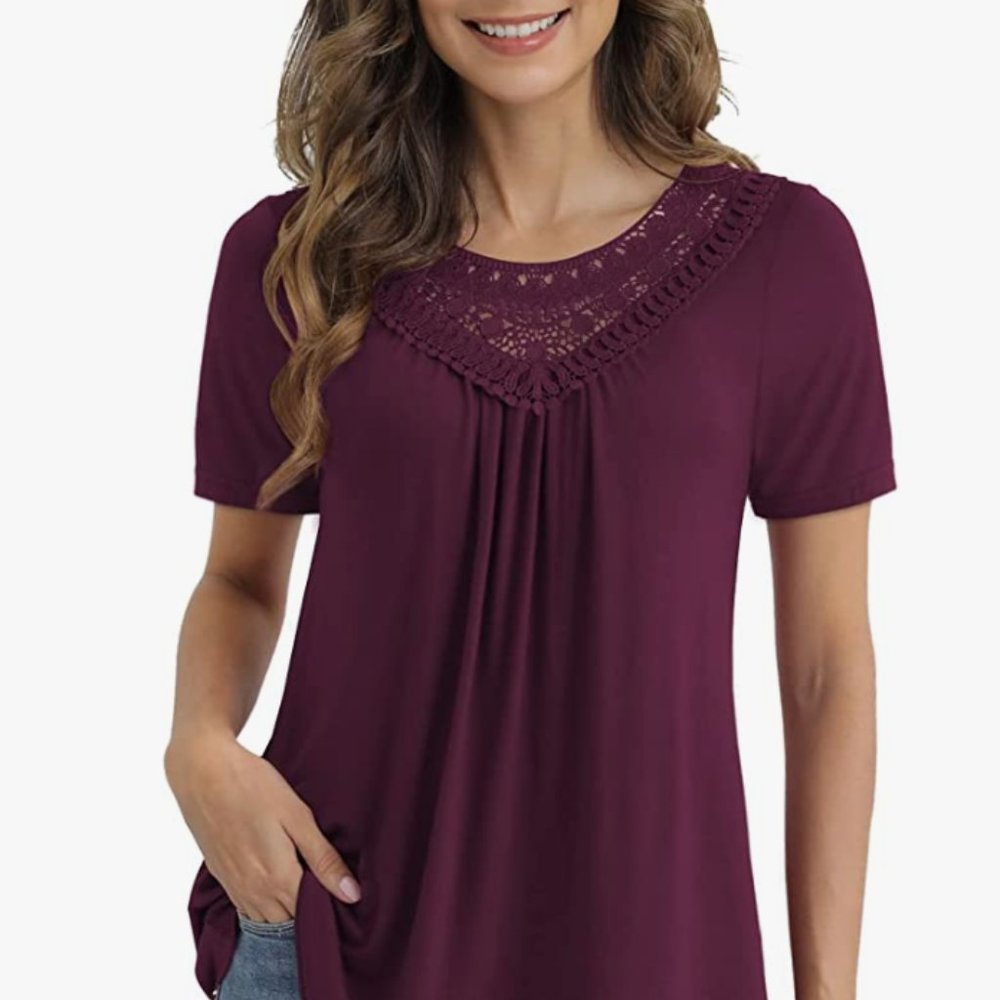 NWT A.Jesdani Short Sleeve Lace Pleated Blouse